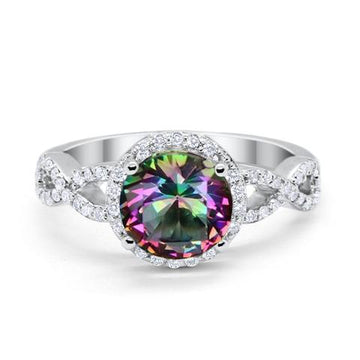 Halo Infinity Wedding Ring Round Simulated Rainbow CZ Solid 925 Sterling Silver